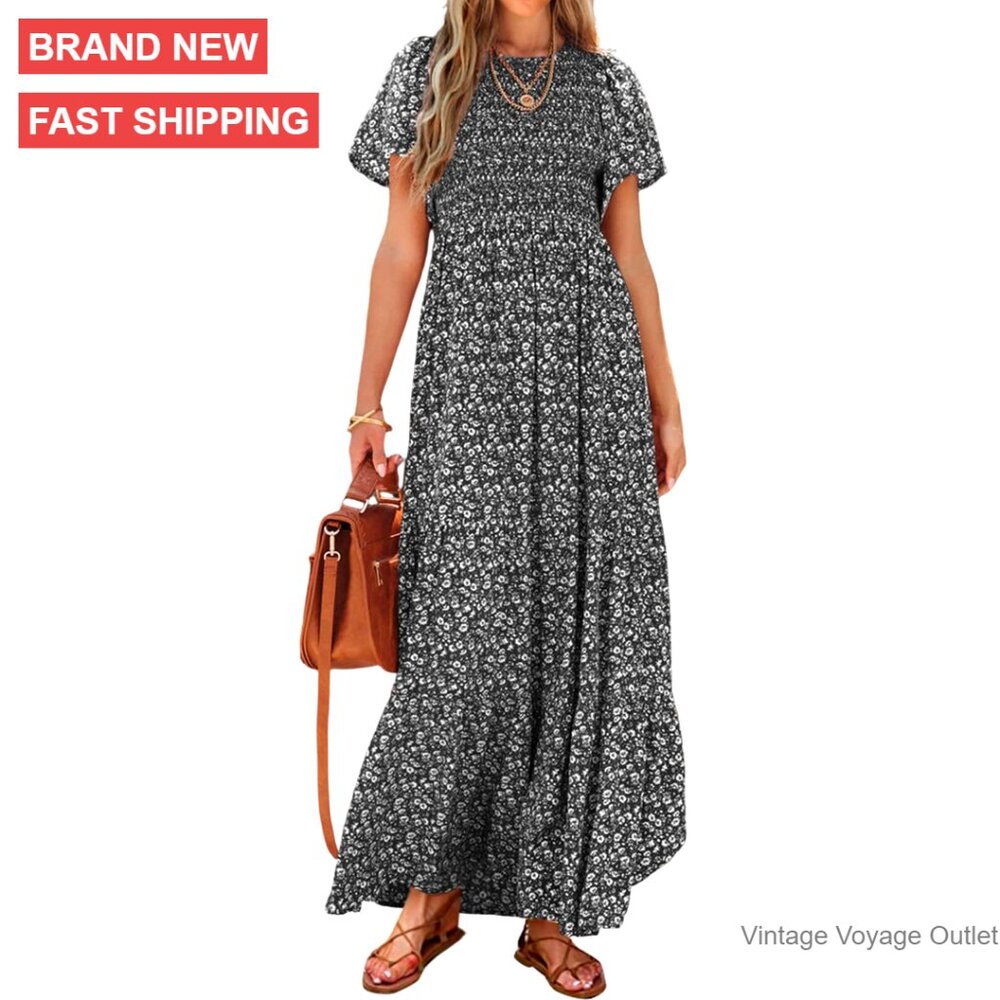 Flutter Sleeve Smocked Maxi Dress, Tiered Boho Floral, Casual Spring